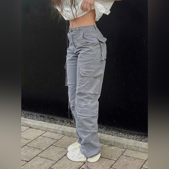 NWT Grey cargo pants wide leg with side pockets XS S M L - Picture 13 of 14